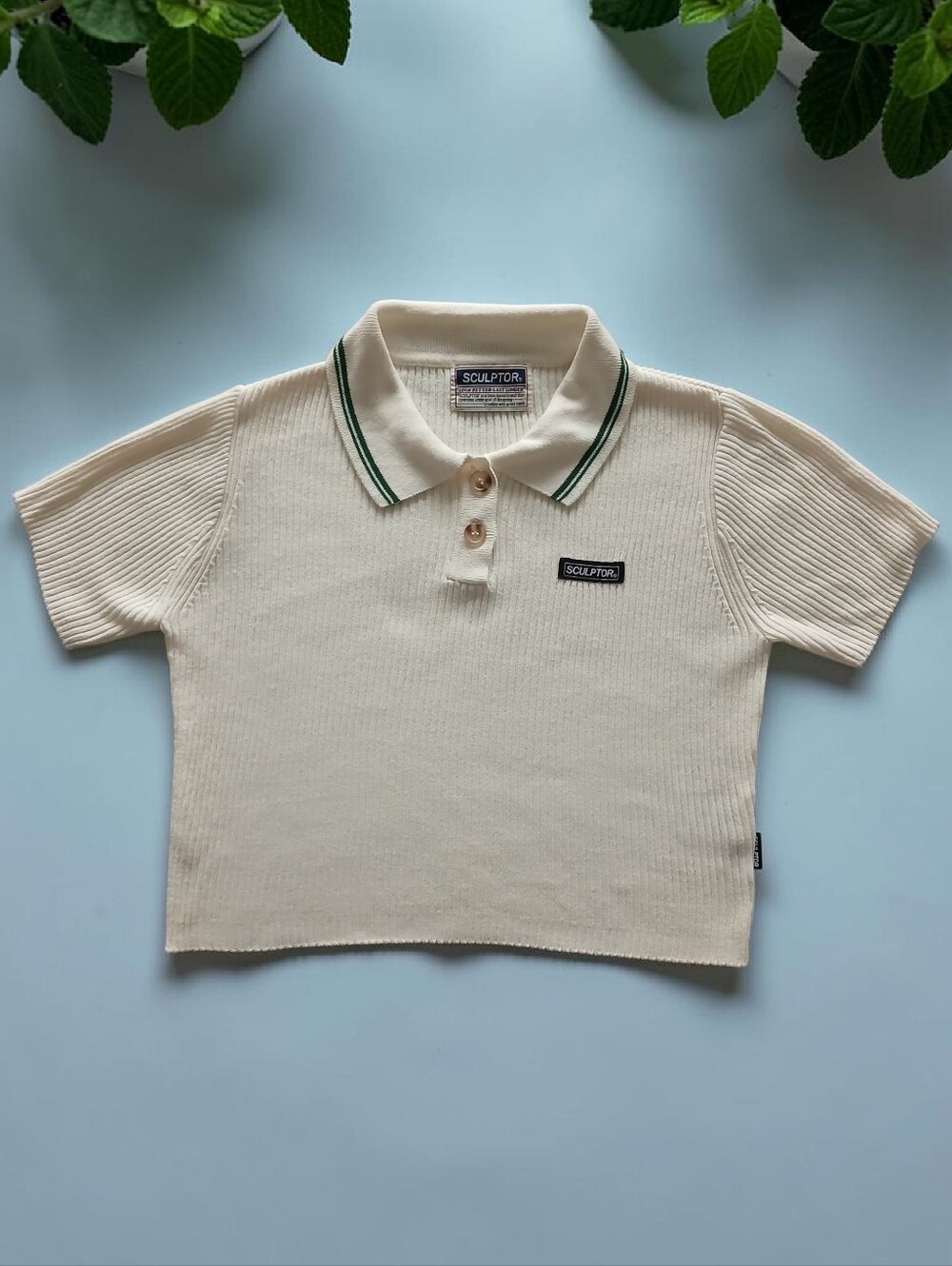Sculptor Cream Ribbed Polo K-pop Crop Top with Green-Trim Collar
